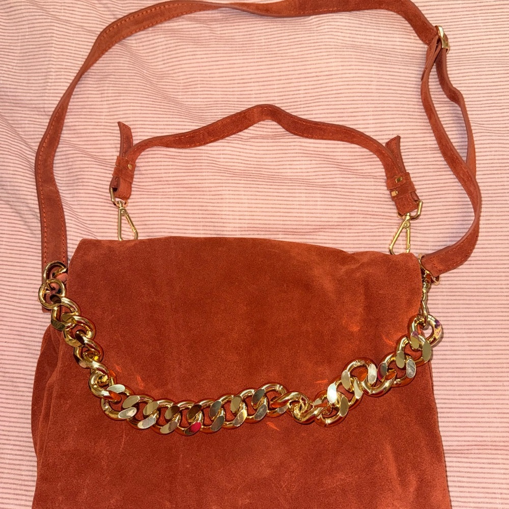 Suede Chain-Accent Crossbody Bag in Rust